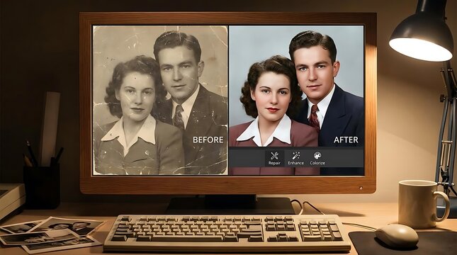 Computer monitor displaying before and after photo restoration.