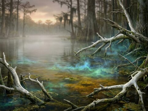 Eerie gnarled roots and dead trees reflecting in a mystical misty swamp bayou Halloween Wallpaper Background image