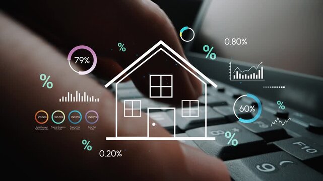 Digital Technology Concept for Real Estate Analysis with Home Icon, Percentages, and Graphs on a Keyboard Background. Entropy.