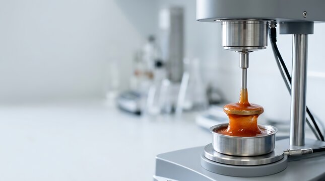 Laboratory viscometer testing thick orange liquid substance