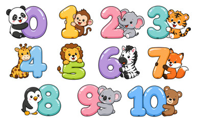 Obraz premium Cute Cartoon Animals with Numbers 0 to 10 Education Set