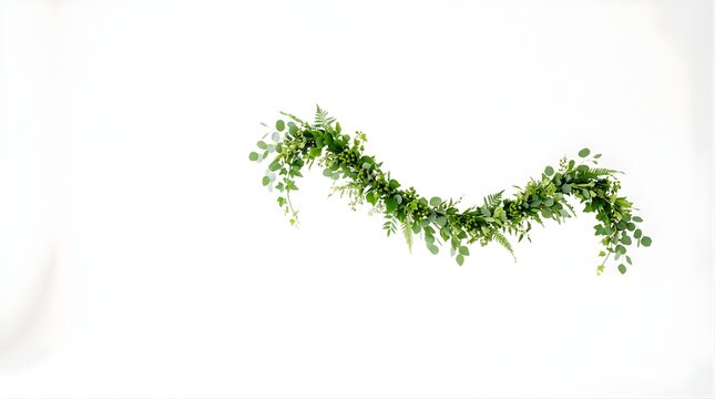 Green eucalyptus and fern foliage garland isolated on white background