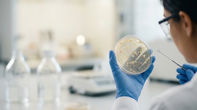 Researcher examining bacterial culture in a petri dish at a lab