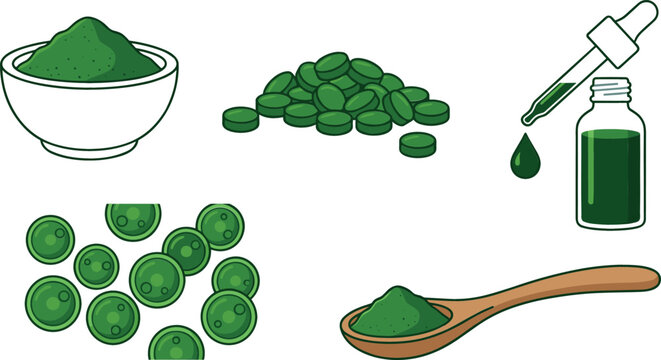 Chlorella and spirulina superfood vector set with green powder in bowl wooden spoon tablets liquid extract bottle dropper and microscopic algae cells