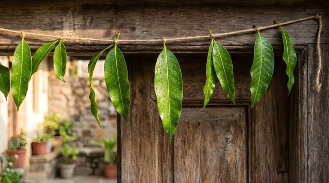 Green mango leaves hanging on a twine rope against a rustic wooden door
