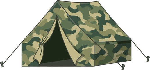 Military camouflage camping tent vector illustration featuring a tactical green woodland camo shelter with ropes and pegs isolated on white background © MstRowshanAra
