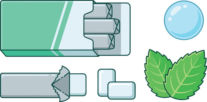 Mint chewing gum vector illustration set featuring an open pack wrapped sticks pads fresh green menthol leaves and a blue bubble isolated on white background