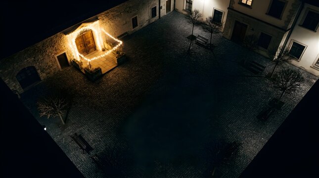 Illuminated historic stone courtyard entrance at night from high angle