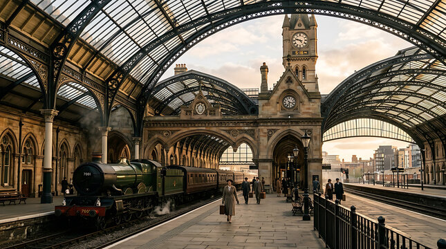 Historic train station with arched ceiling and clock tower
