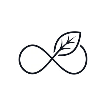 Simple black infinity symbol with a leaf integrated into its design representing sustainability and eco-friendly concepts.