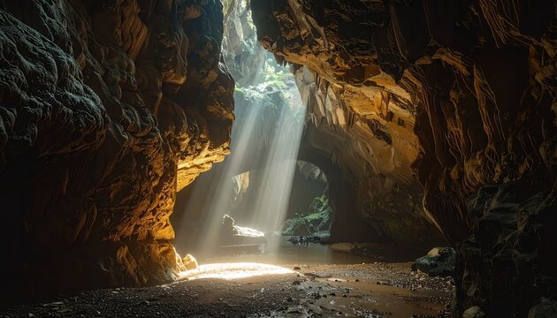 Sunlight streams through a cave opening illuminating the cavern interior.
