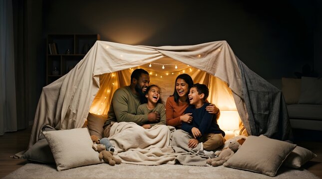 Happy family laughing inside a cozy blanket fort in the living room