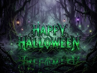 Obraz premium Glowing green 3D Happy Halloween text glows in a misty swamp in a spooky forest. Halloween Wallpaper Background image