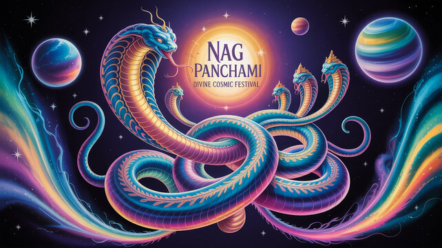 Nag Panchami Divine Cosmic Festival Illustration with Mythical Multi-Headed Serpent