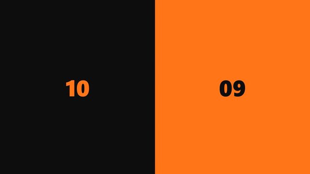 Black and orange panels divide screen. Numbers 10 and 09 appear against contrasting backgrounds. Digital countdown element with bold, clear typography