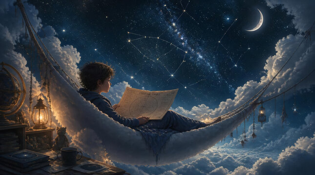 Child Enjoys Celestial Chart While Resting in Cloud Hammock Under Starry Night Sky