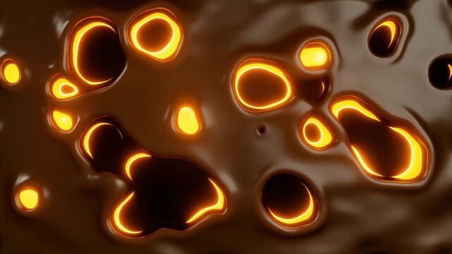 Abstract Glowing Orange Magma Bubbles in Dark Brown Liquid Background
