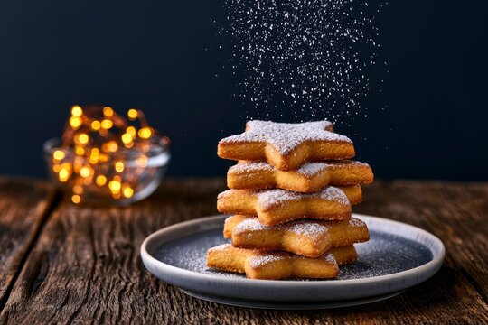 Star cookies stacked with falling powdered sugar on rustic wood with holiday bokeh for festive food marketing