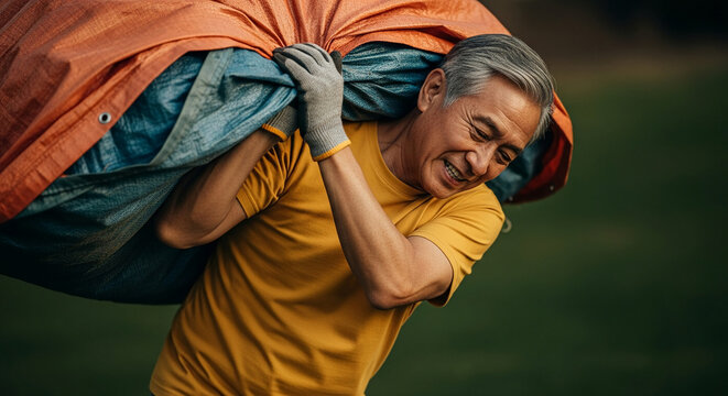 Active senior Asian man wearing gloves and a yellow shirt carrying a heavy large tarp bundle outdoors for construction or relief work.