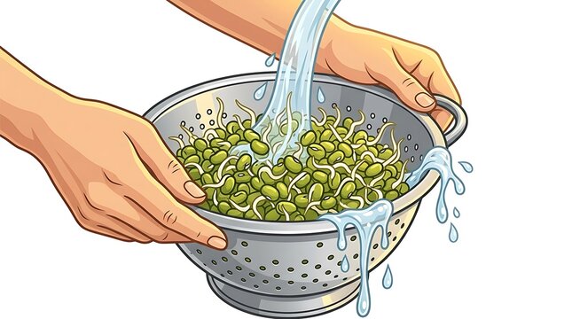 Hands rinsing sprouted mung beans in a metal colander