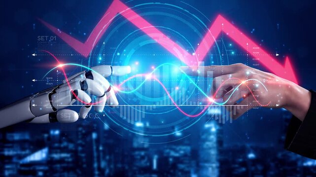 Economic caution visualized with fluctuating market graph, alert symbols, and negative data trends. Represents financial risk, market volatility, and economic uncertainty. Muxer