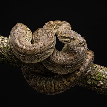 Dangerous brown snake wrapped around branch in dark wilderness background wildlife reptile photography