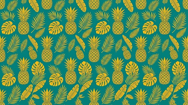 Seamless tropical pattern with yellow pineapples and jungle leaves