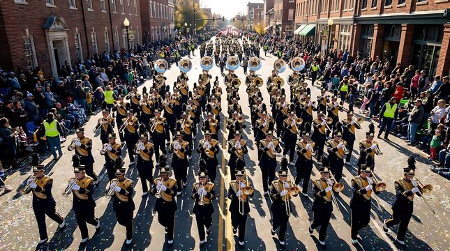 Marching band performing in a street parade.