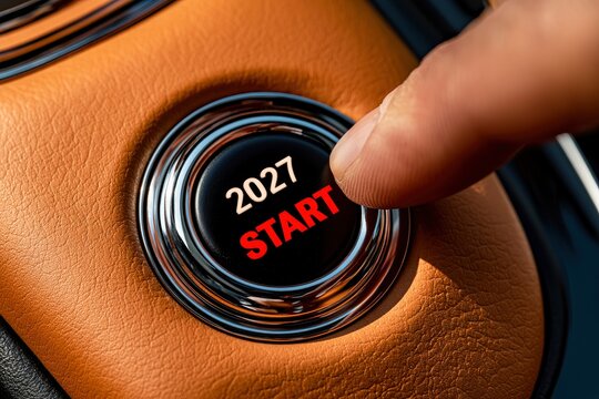 2027 start button pressed by finger in luxury automotive interior with macro focus for business planning and future goal marketing