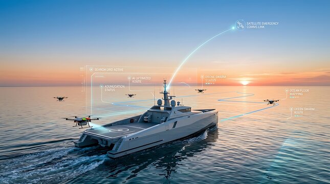 Futuristic Autonomous Research Ship with Drone Swarm at Sunset