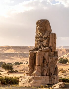Ancient Colossi of Memnon Statues in Egyptian Desert Landscape.