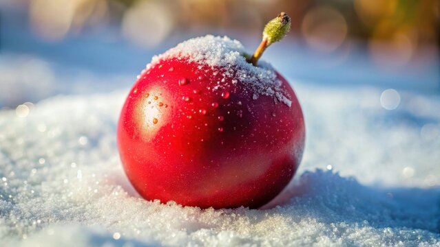 A plump marula berry glistens jeweltoned red against stark snowy whiteness