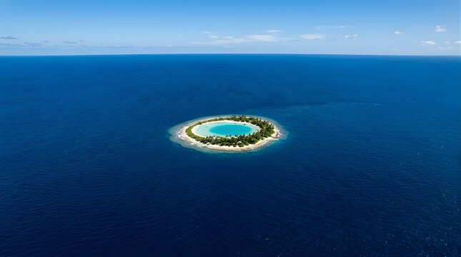 Aerial view of a remote tropical island in the middle of the blue ocean