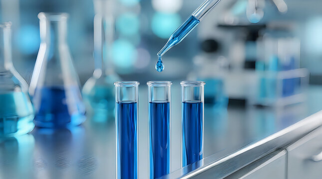 Close up of glass test tubes filled with blue liquid and laboratory dropper tool adding chemical solution during scientific research experiment in professional pharmacy laboratory.