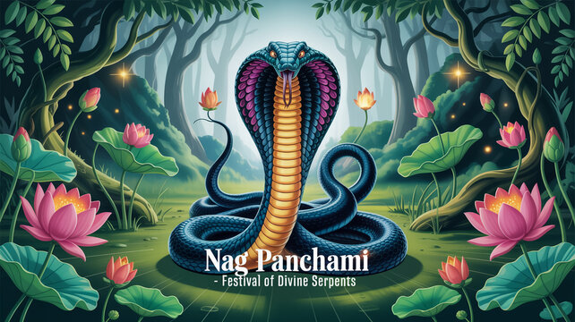 Nag Panchami Festival of Divine Serpents Illustrated Cobra in Enchanted Forest