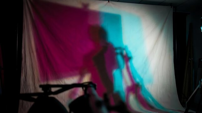 Projected colorful silhouette on white studio backdrop screen.