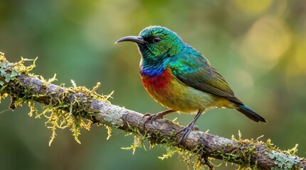 Fototapeta premium Small green and blue tropical songbird perched on twig in jungle environment photo