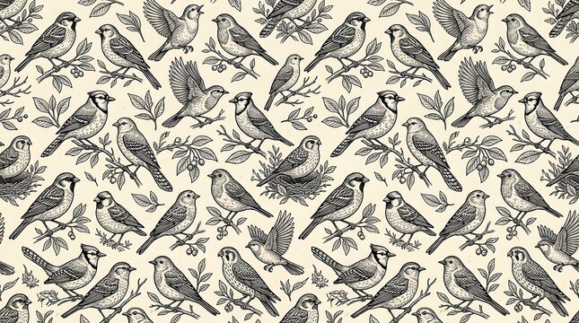 Vintage engraved bird pattern with songbirds on tree branches