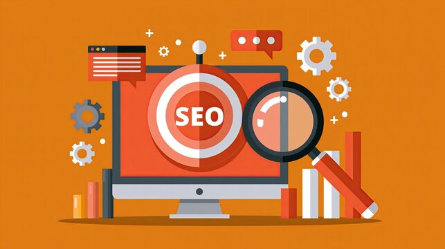 SEO optimization concept with computer monitor. Digital marketing strategy and search analysis.