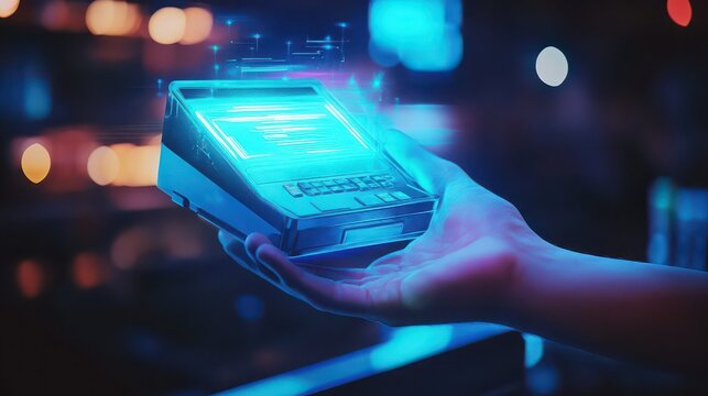 Payment terminal glowing with blue light is held by a hand to demonstrate modern financial technology.