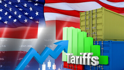 Naklejka premium American and Swiss flags, shipping containers, and financial charts illustrate American and Swiss tariffs, trade policy, economic relations, and increased tax sanctions.