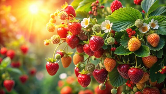 Amidst lush greenery and vibrant blooms a bounty of ripe red berries glistened like a juicy strawberry oasis