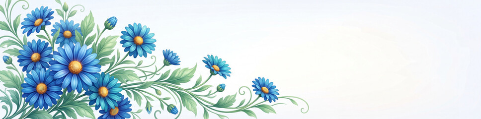 Fototapeta premium Vibrant blue daisy concept illustration with lush green foliage, forming an elegant floral border perfect for spring designs, banners, and digital decorations