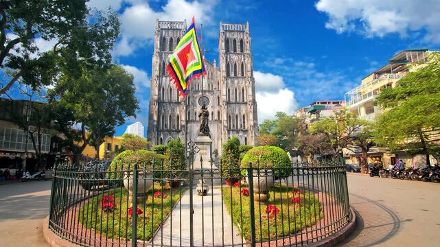 Flags of the World War II Memorial and Notre Dame Cathedral Tower Against the Sky, Historic European Architecture, Landmark, Church, Monument and Tourism DestinationFlags of the World War II Memorial 