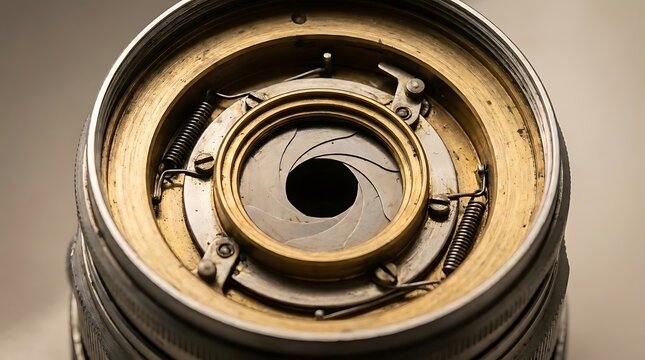 Internal mechanical components of vintage camera lens.