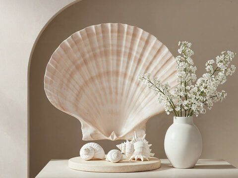 Beige elegant 3D product display podium with shell and white flower decor