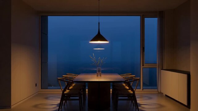 Modern dining room illuminated at dusk with a large window showcasing a blue skyline and subtle floral arrangement