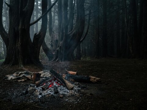 Smoldering campfire wood and glowing embers rest in a dark eerie misty forest. Halloween Wallpaper Background image