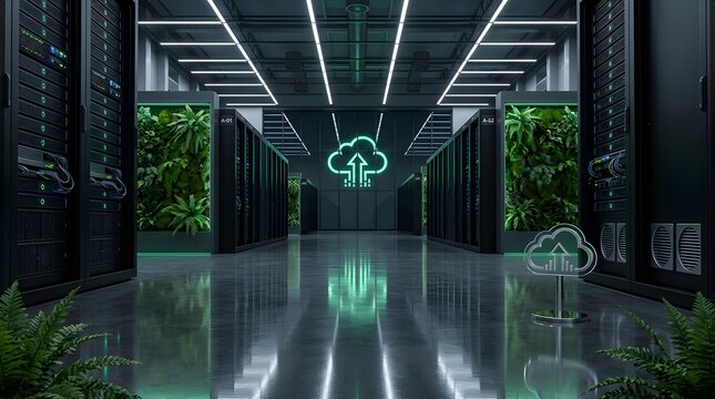 Green data center aisle with vertical plant walls and glowing cloud upload sign representing eco friendly computing network