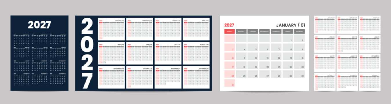 2027 Calendar. 12 Pages for 2027 Monthly Calendar Template and one page wall calendar template. Clean and Simple Design ready to print. 2027 Wall and office desk Planner Calendar.